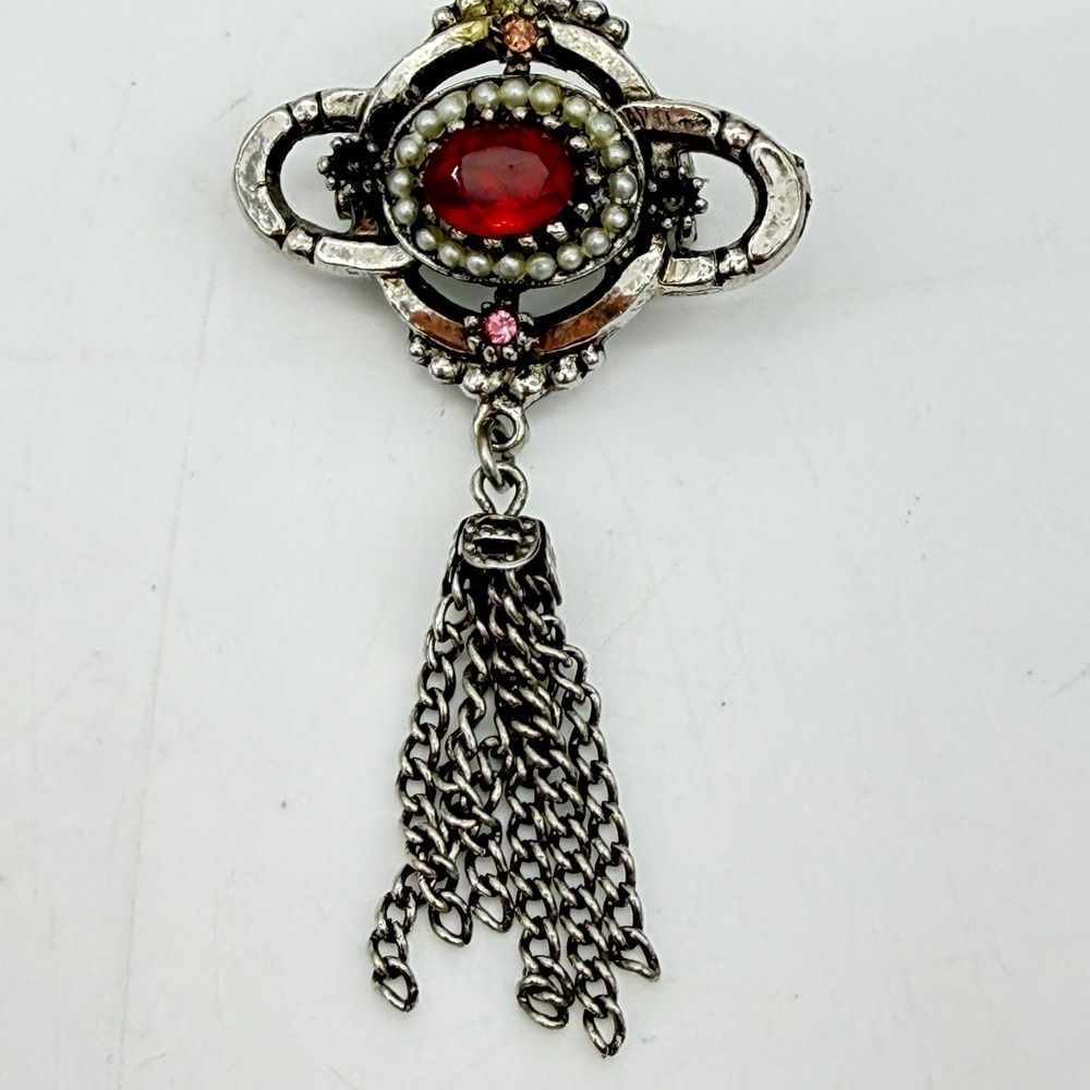 Vintage Red Rhinestone Tassel Brooch Pin Victorian Revival‎